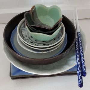 Set of 11 Japanese Dishes Saucers Plates Blue